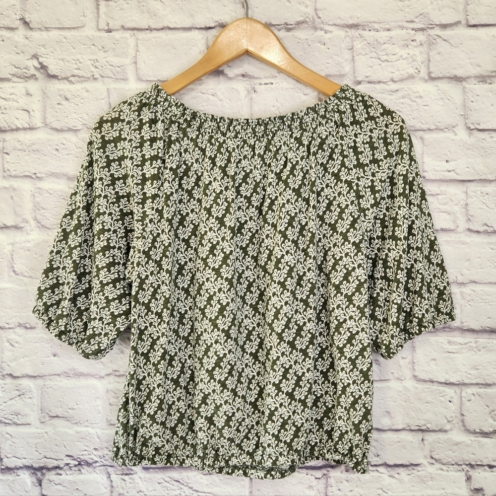 LOFT 100% Cotton Boho Peasant Top Green & Ivory Womens Sz Medium - Picture 2 of 7